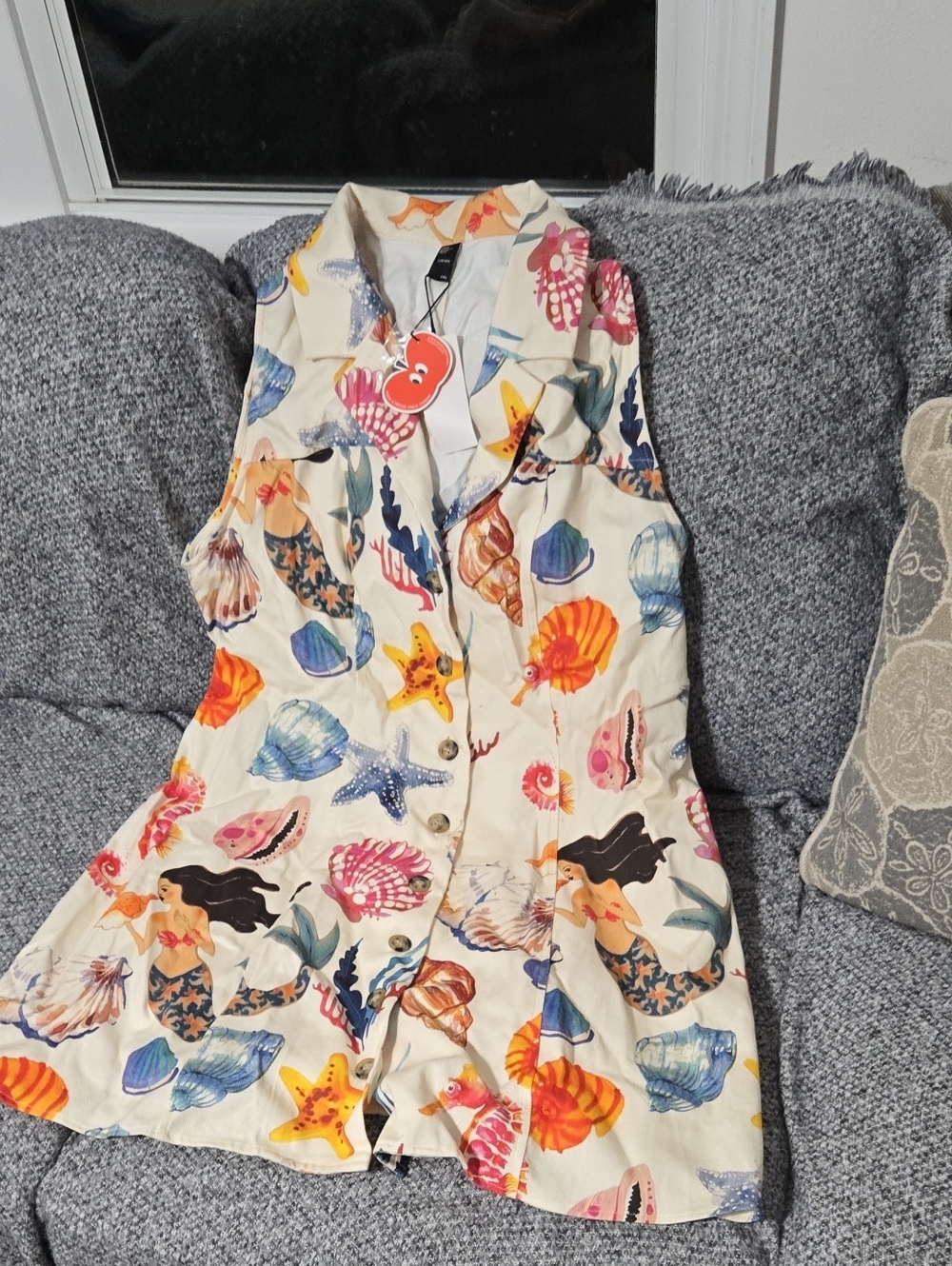 Cider Cream Multicolor Seashell & Mermaid Print Mini Dress